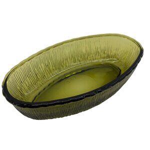 F.T.D. 1975 Bowl Avacado Rippled Glass Green Oval Serving MCM